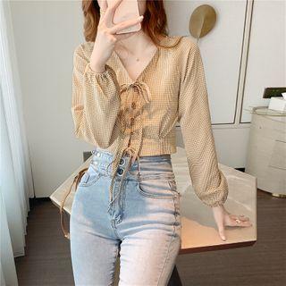 Long-sleeve Checked Buttoned Crop Top