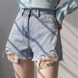 Floral Print Panel Distressed Denim Shorts