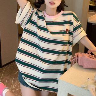 Short-sleeve Striped Bear Print T-shirt