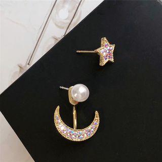 Non-matching Faux Pearl Rhinestone Moon & Star Earring 1 Pair - Non-matching - Star & Moon - One Size