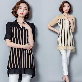 Short Sleeve Mandarin Collar Striped Tunic