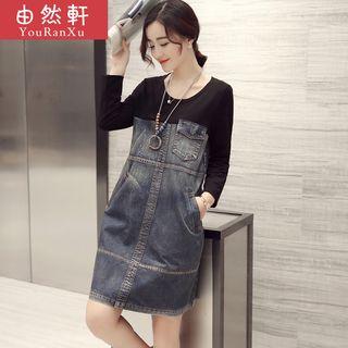 Long-sleeve Denim Panel A-line Dress