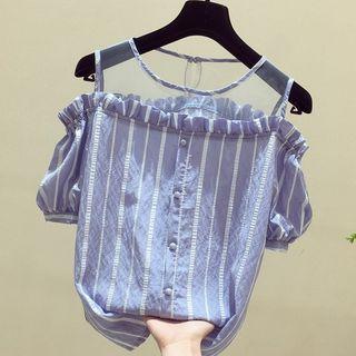 Elbow-sleeve Cold Shoulder Striped Shirt