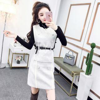 Set: Mock Turtleneck Knit Top + Vest + Mini A-line Skirt + Belt