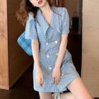 Short-sleeve V-neck Check Print Blazer Dress