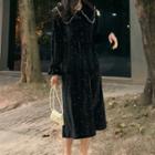 Velvet Long-sleeve Rhinestone Midi A-line Dress