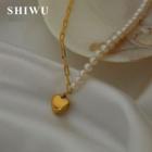 Asymmetric 925 Sterling Silver Heart Pendant Faux Pearl Choker Gold - One Size