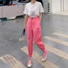 Short-sleeve Rhinestone Printed T-shirt / High-waist Plain Cargo Jogger Pants