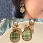 Faux Pearl Faux Crystal Bow Fabric Disc Dangle Earring