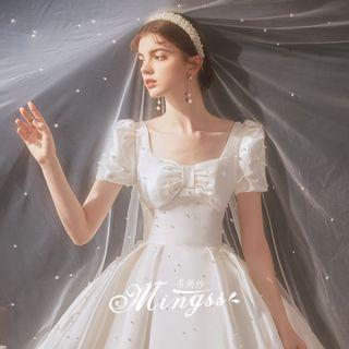 Short-sleeve Faux Pearl Bow-front A-line Wedding Gown
