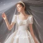 Short-sleeve Faux Pearl Bow-front A-line Wedding Gown