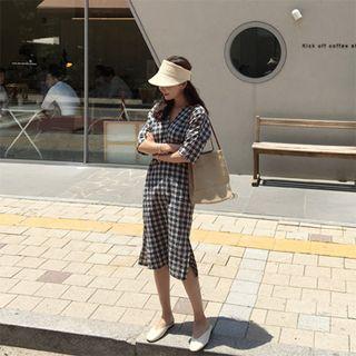 V-neck Drop-shoulder Plaid Dress