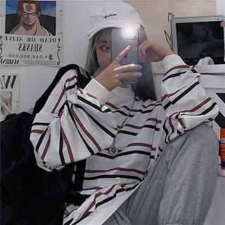 Long-sleeve Mock-neck Striped T-shirt As Shown In Figure - One Size