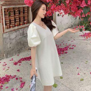 Bubble Sleeve V-neck Plain Mini Shift Dress