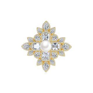 Fashion And Elegant Plated Gold Geometric Pattern Imitation Pearl Brooch With Cubic Zirconia Golden - One Size
