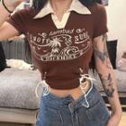 Short-sleeve Tree Print Lace-up Polo Shirt