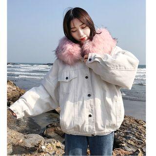 Faux-fur Trim Fleece-lined Denim Jacket