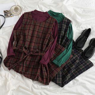 Plaid Sleeveless Dress / Plain Mock-neck Long-sleeve Top
