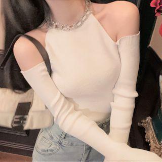 Long-sleeve Rhinestone Cold Shoulder Knit Top