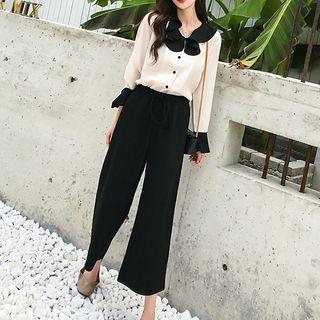 Set: Collared Long-sleeve Blouse + Plain Wide Leg Pants
