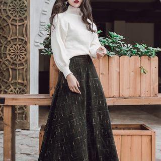 Set: Long-sleeve Mock-neck Blouse + Midi A-line Dress