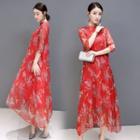 Elbow-sleeve Floral Print Qipao Midi Dress