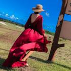 Long-sleeve V-neck Asymmetric Sundress