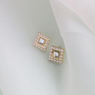 Faux Pearl Square Stud Earring 1 Pair - Gold - One Size