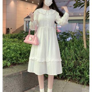 Puff-sleeve Ruffled Striped A-line Dress White - One Size