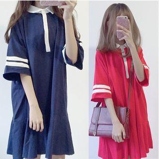 Collared Elbow-sleeve Dress