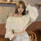 Off-shoulder Long-sleeve Ruffle Trim Button-up Crop Top Off-white - One Size