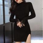 Lace Panel Slit Knit Mini Bodycon Dress