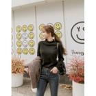 Mock-neck Balloon-sleeve Ribbed Top