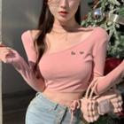 Long-sleeve Tie-waist Cropped T-shirt Pink - One Size