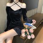 Long-sleeve Cold-shoulder Velvet Mini Dress