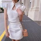 Floral Puff-sleeve Cutout Cropped Qipao Top / Mini Straight-fit Skirt