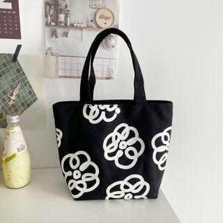 Floral Print Tote Bag Tote Bag - White Flowers - Black - One Size