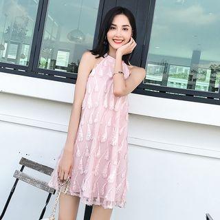 Embroidered Halter A-line Dress