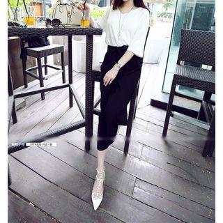 Set: Print Short-sleeve T-shirt + Bow Cropped Wide Leg Pants