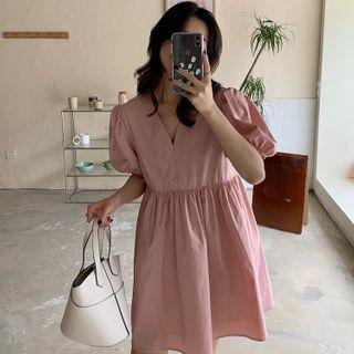 Puff-sleeve V-neck Plain Loose Fit Dress