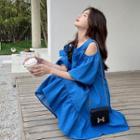 Puff-sleeve Cold-shoulder Bow Accent Mini Smock Dress