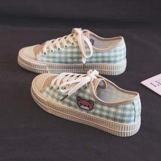 Bear Embroidered Plaid Lace-up Sneakers