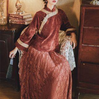 Long-sleeve Frog Button Top / Midi A-line Lace Skirt