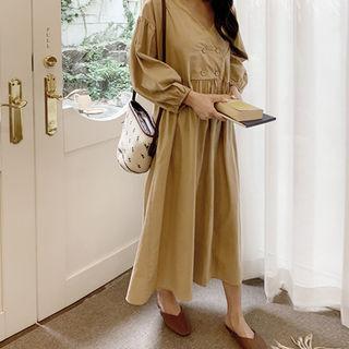 Balloon-sleeve Button-trim Dress Beige - One Size