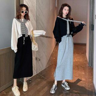 Set : Striped Shawl Panel Sweatshirt + Plain Drawstring Skirt