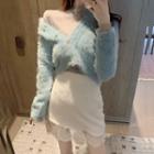Faux-fur Cardigan / Mesh Long-sleeve Top / Lace Panel A-line Skirt