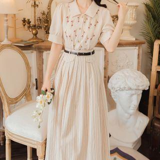 Set : Lapel Floral Top + Striped Skirt