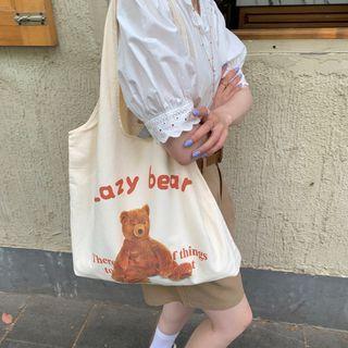 Bear Print Canvas Tote Bag Lazy Bear - White - One Size