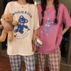 Short-sleeve Bear Print T-shirt / Plaid Wide Leg Pants