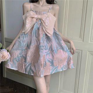 Spaghetti Strap Flower Print Bow Accent Mini A-line Dress